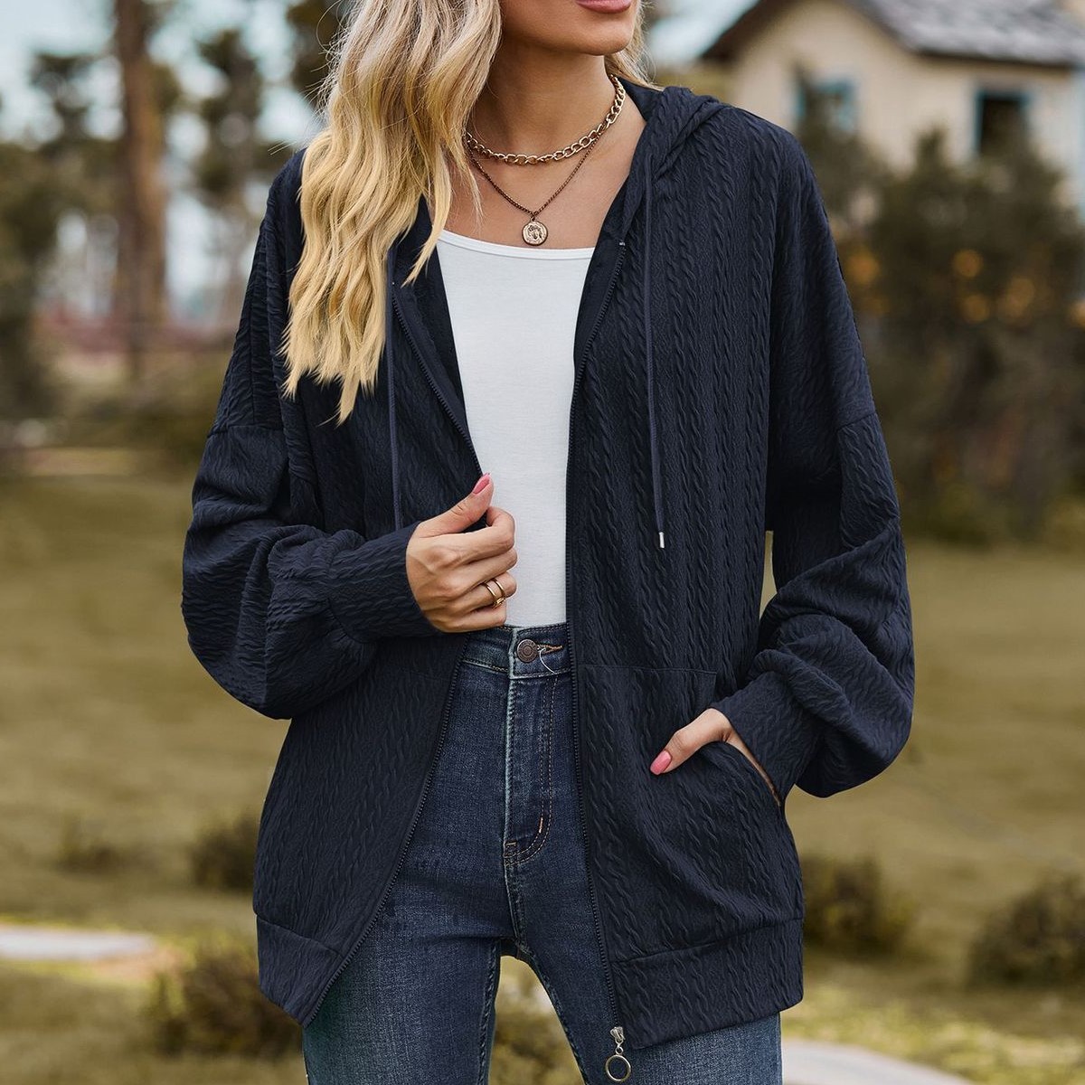 Olivoslindo Chaqueta con capucha holgada de manga larga con bolsillo de color sólido para mujer nueva de otoño e invierno