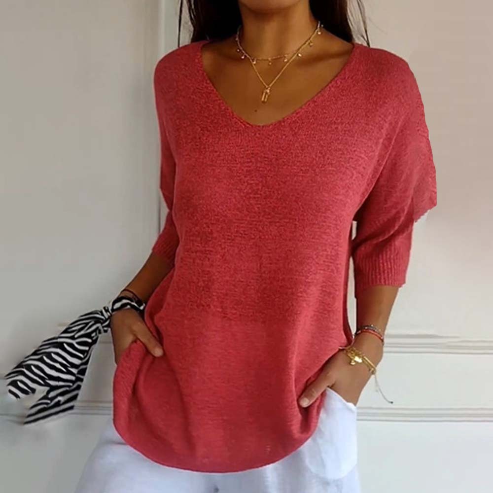 Top de punto de color liso con cuello en V para mujer