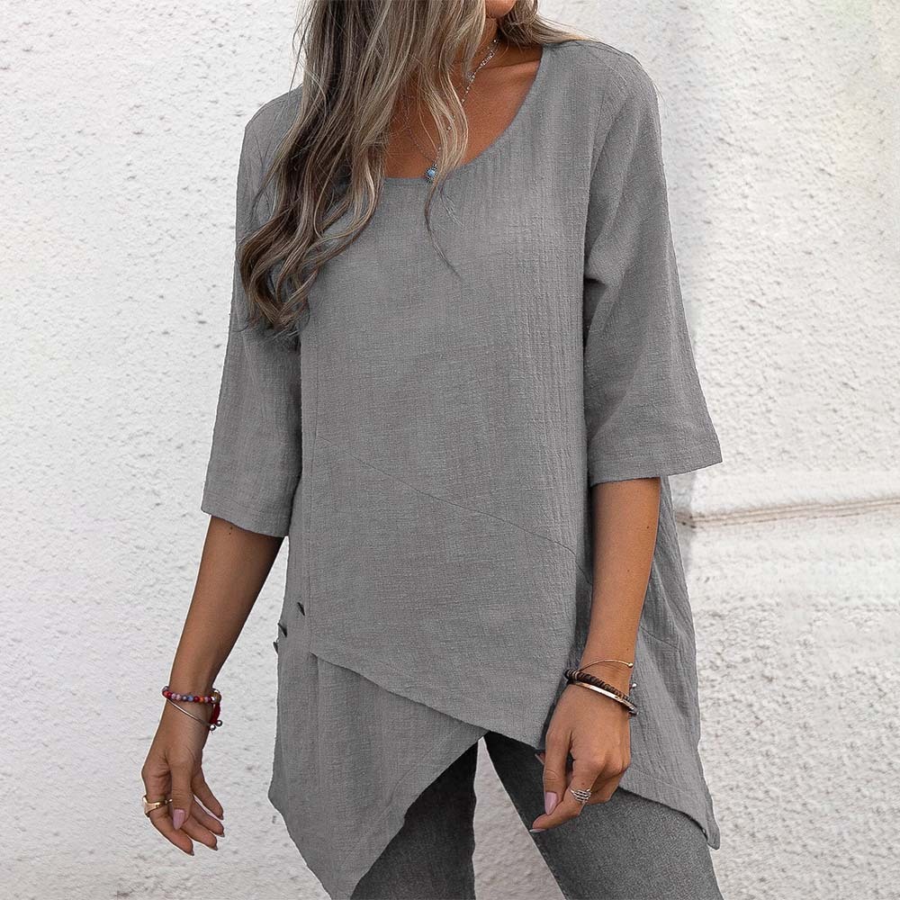 Women's cotton and linen round neck irregular shirt half-sleeved top