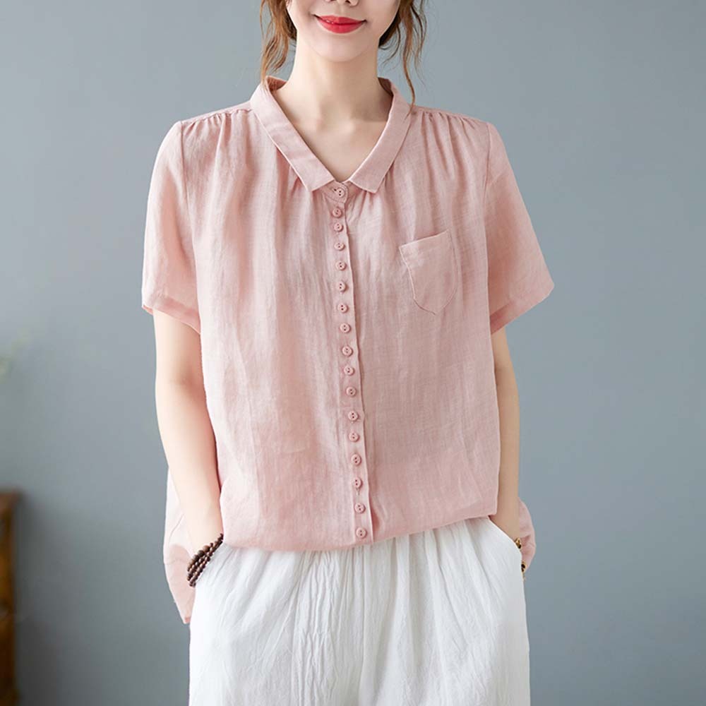 Women's loose large size cotton and linen short sleeve shirt