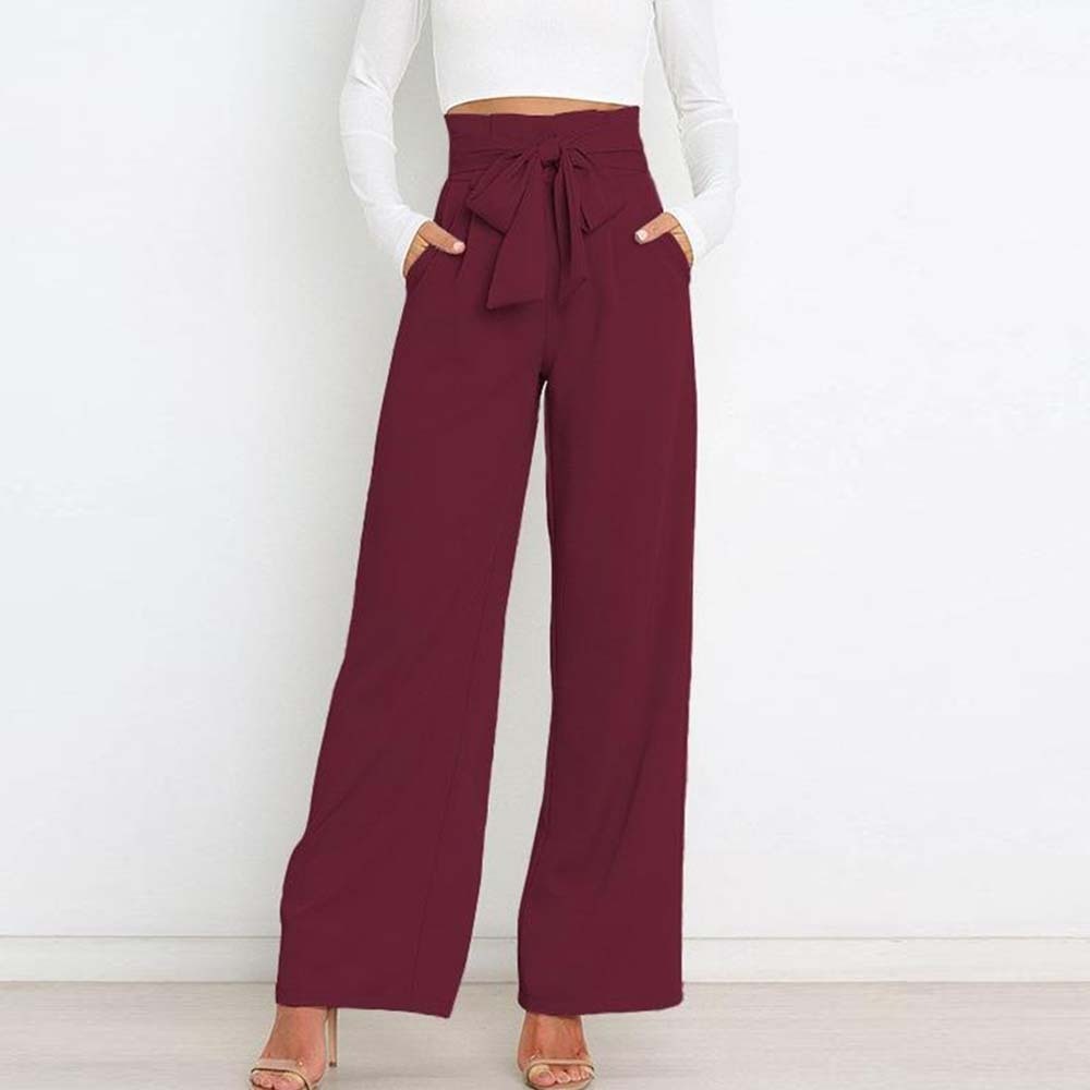 Pantalones anchos de talle alto con lazo a la moda para mujer