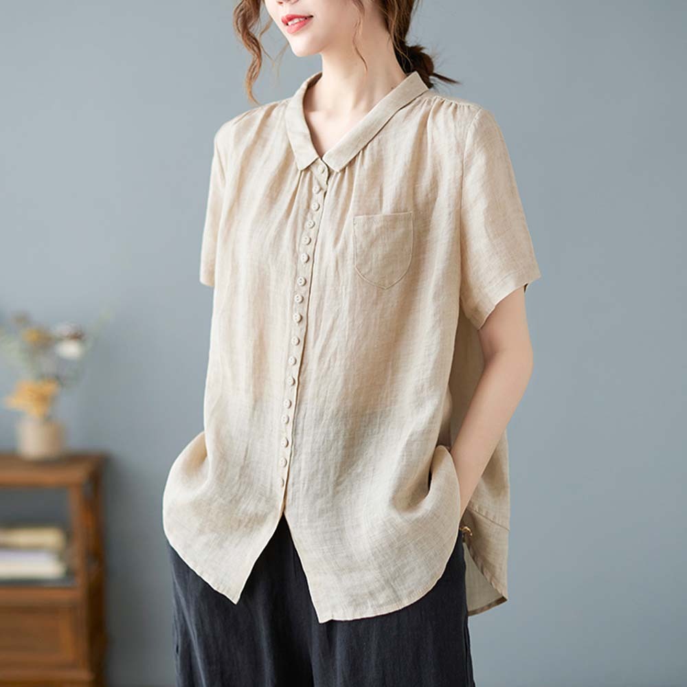 Women's loose large size cotton and linen short sleeve shirt