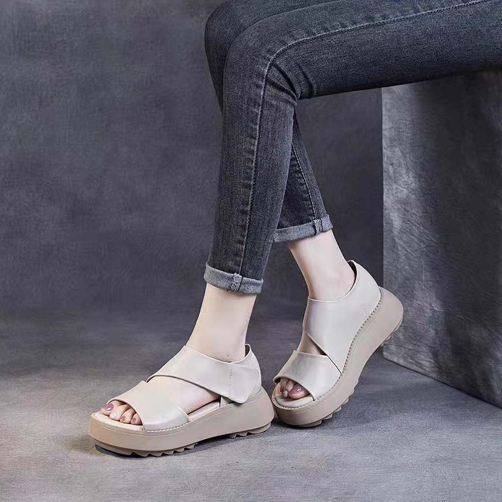 Sandalias informales de piel con velcro y suela gruesa para mujer