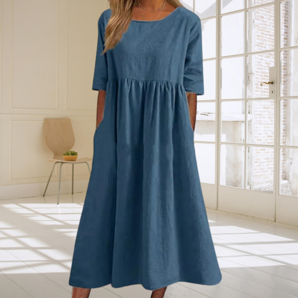 Summer new cotton and linen casual loose round neck dress