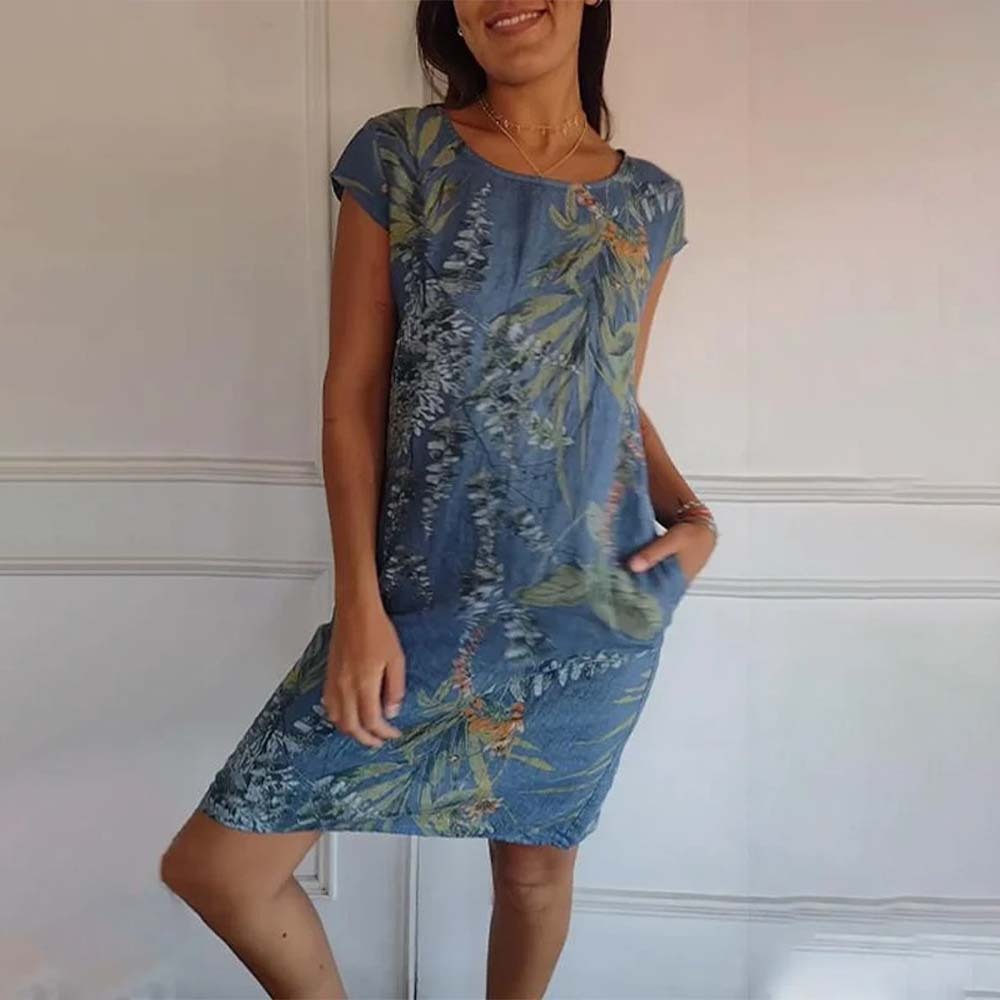 Vestido de mujer con bolsillo estampado, cuello redondo, algodón y lino