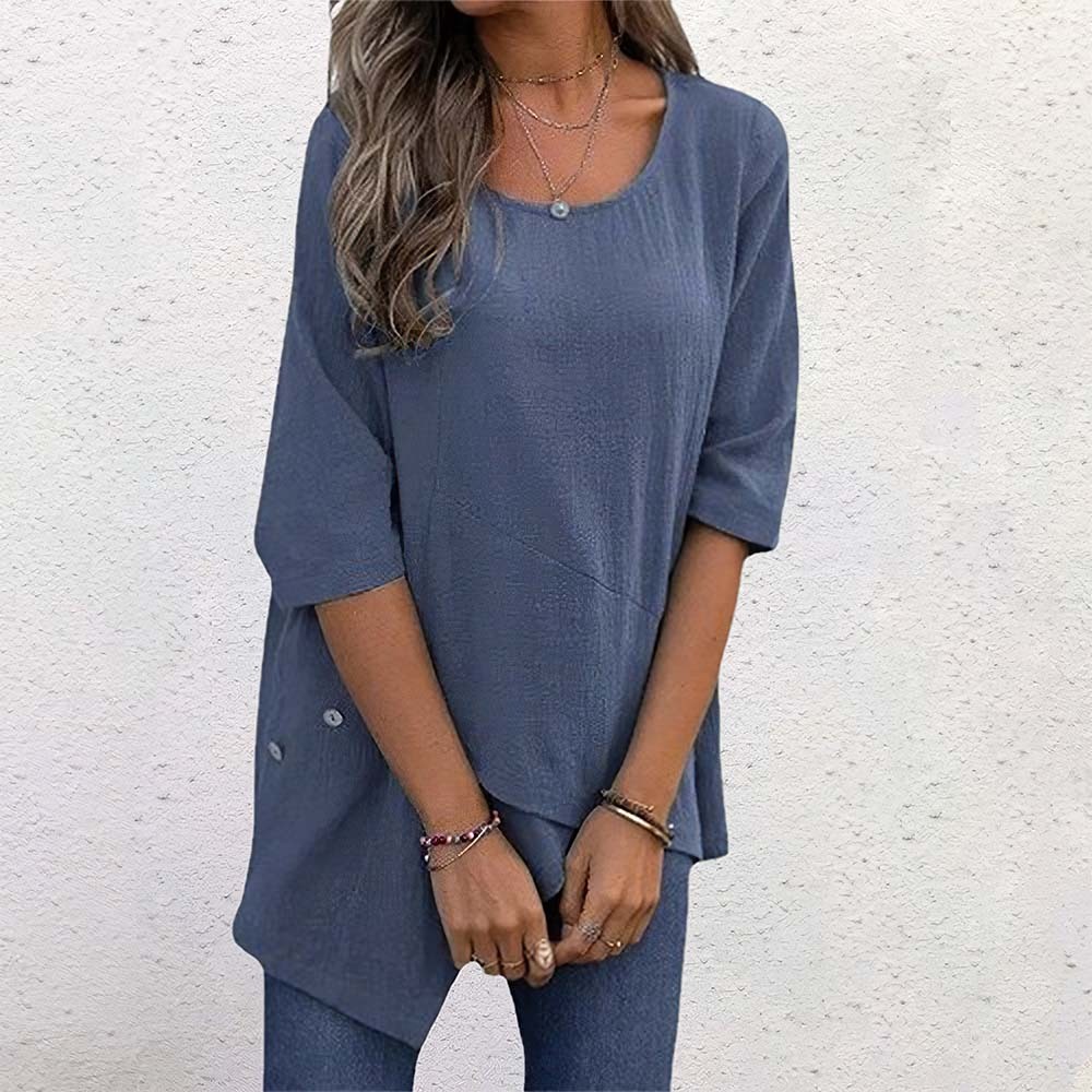Women's cotton and linen round neck irregular shirt half-sleeved top