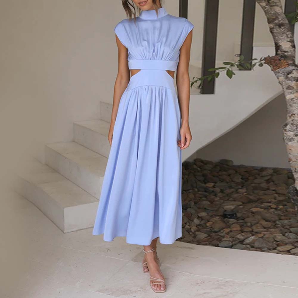 Stylish stand-up collar and exposed waist resort style dress