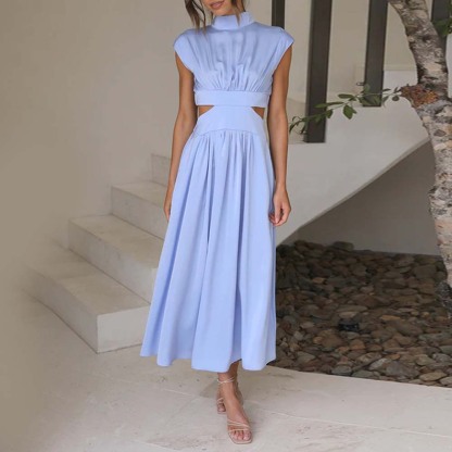 Stylish stand-up collar and exposed waist resort style dress