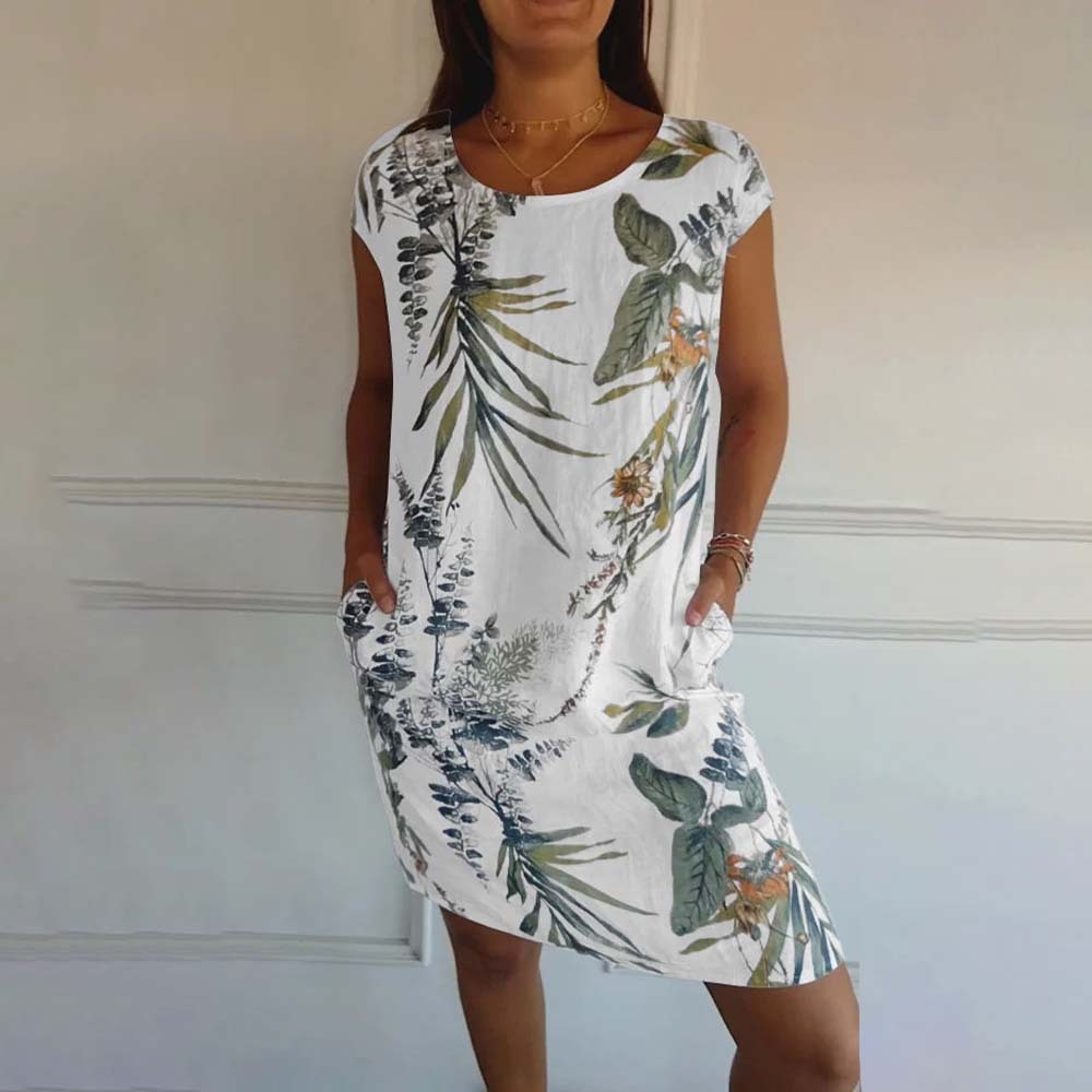 Vestido de mujer con bolsillo estampado, cuello redondo, algodón y lin