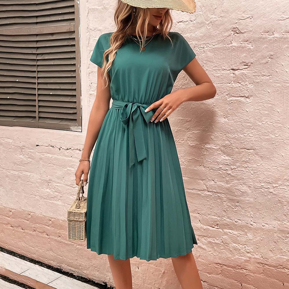 Women's Summer Solid Color Pleated Lace-Up Resort Dress