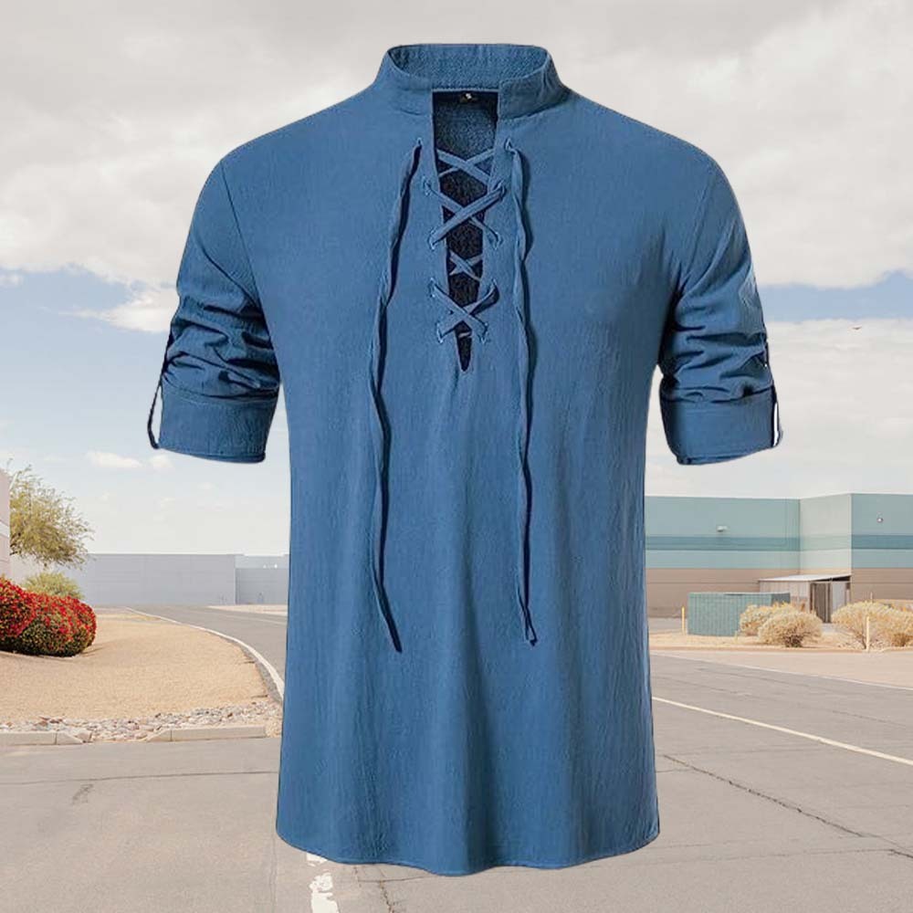 Spring Men's Cotton and Linen Stand Collar Long Sleeve Tie-Up Shirt