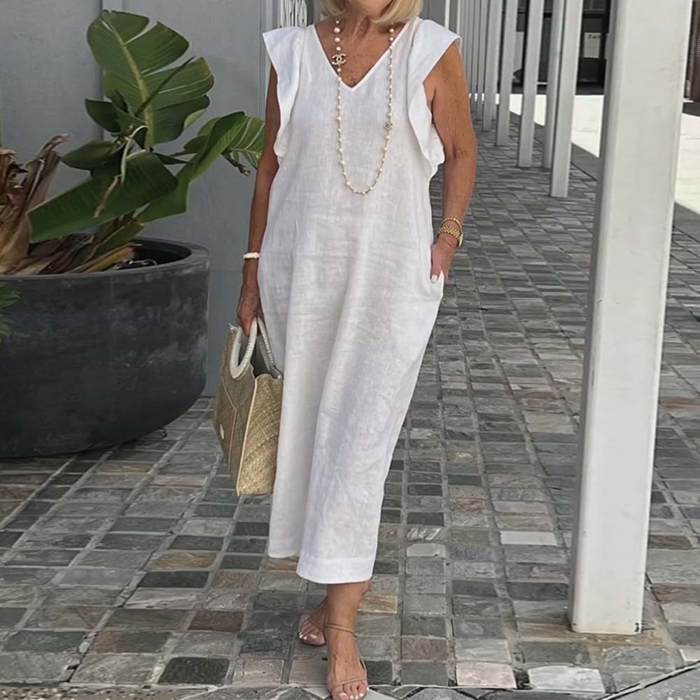 Elegante vestido de algodón y lino con cuello en V y color liso