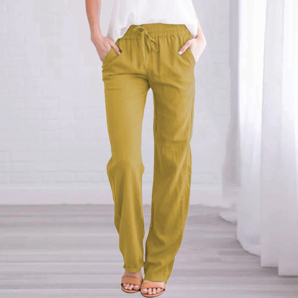 New Ladies Solid Color Cotton Linen Straight Leg Pants