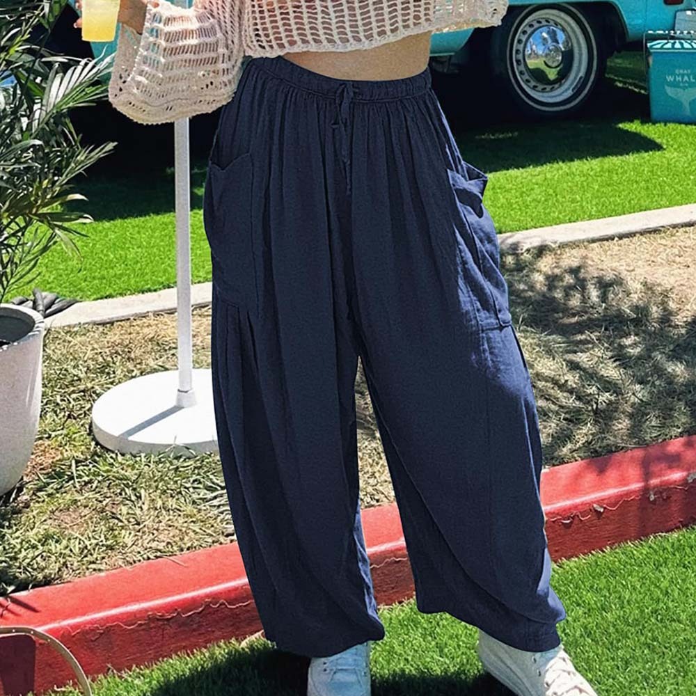 Pantalones casuales de algodón y lino con pierna ancha y cintura alta