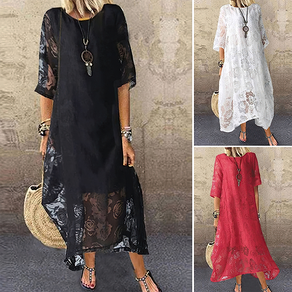 Olivoslindo Vestido de encaje de manga corta con cuello redondo