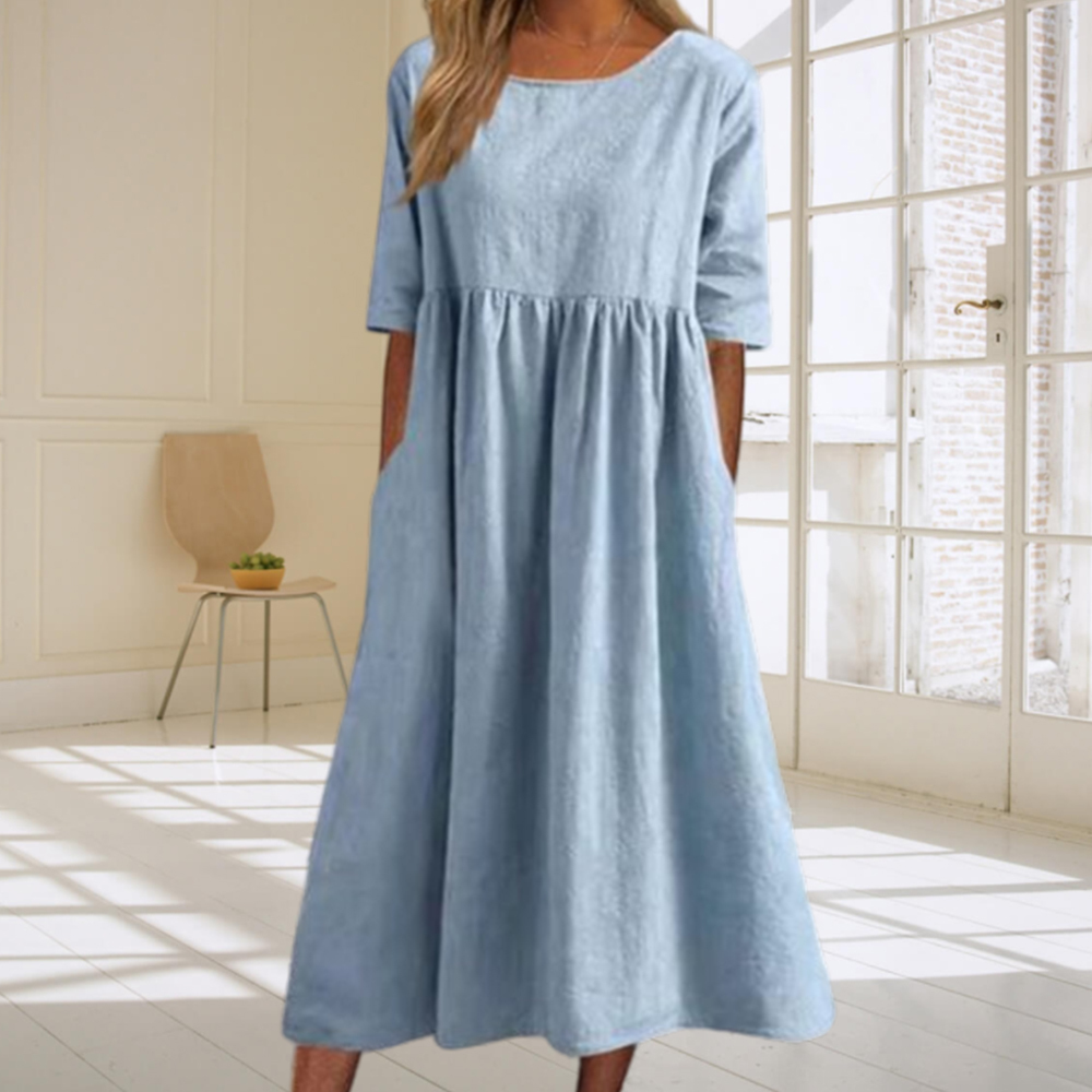 Summer new cotton and linen casual loose round neck dress