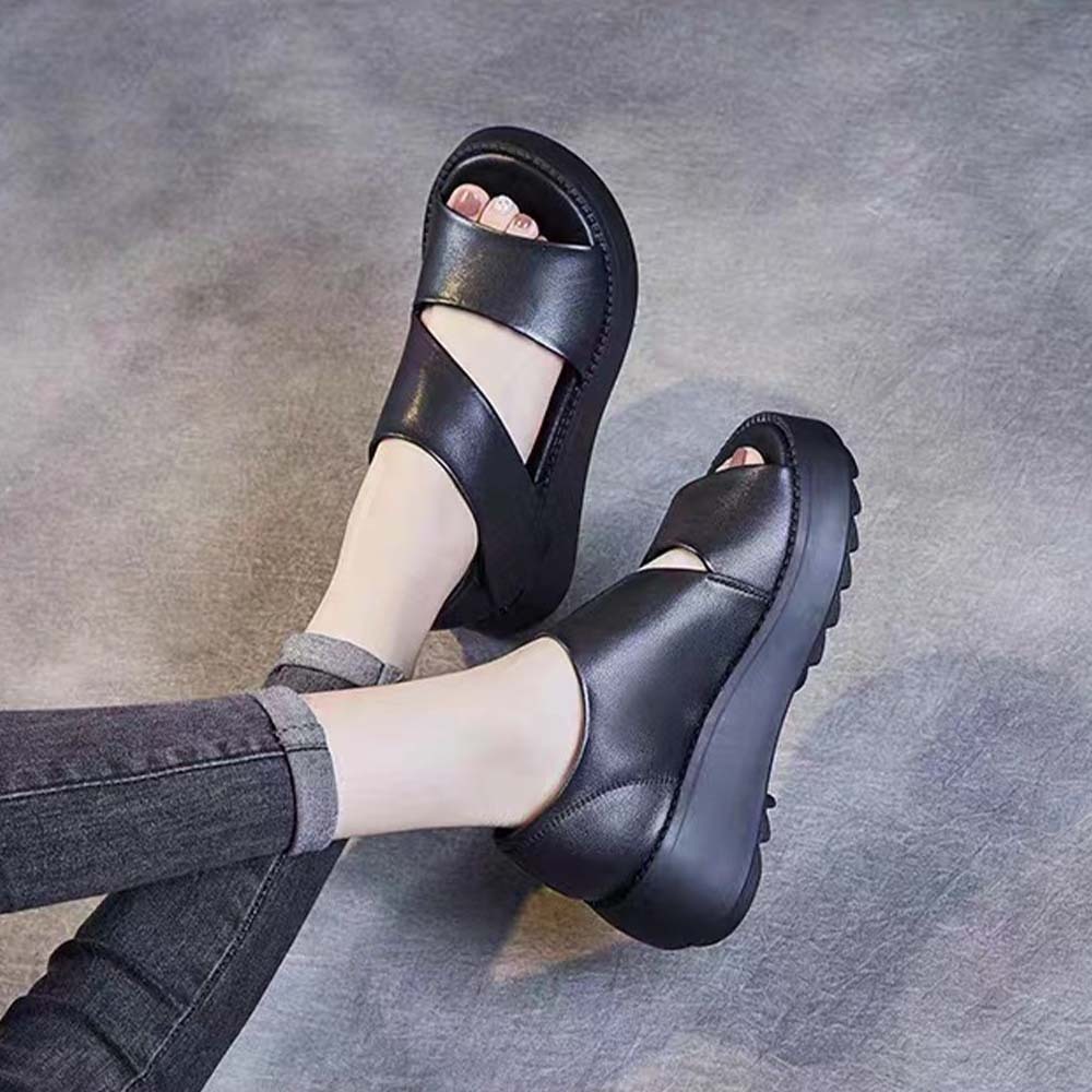 Sandalias informales de piel con velcro y suela gruesa para mujer