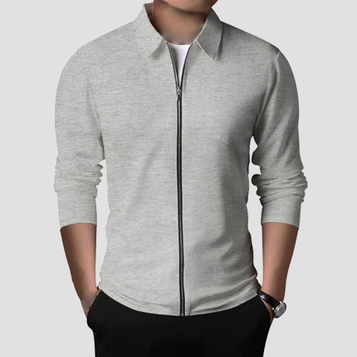 Olivoslindo Nueva chaqueta informal con solapa y cremallera tipo gofre para hombre