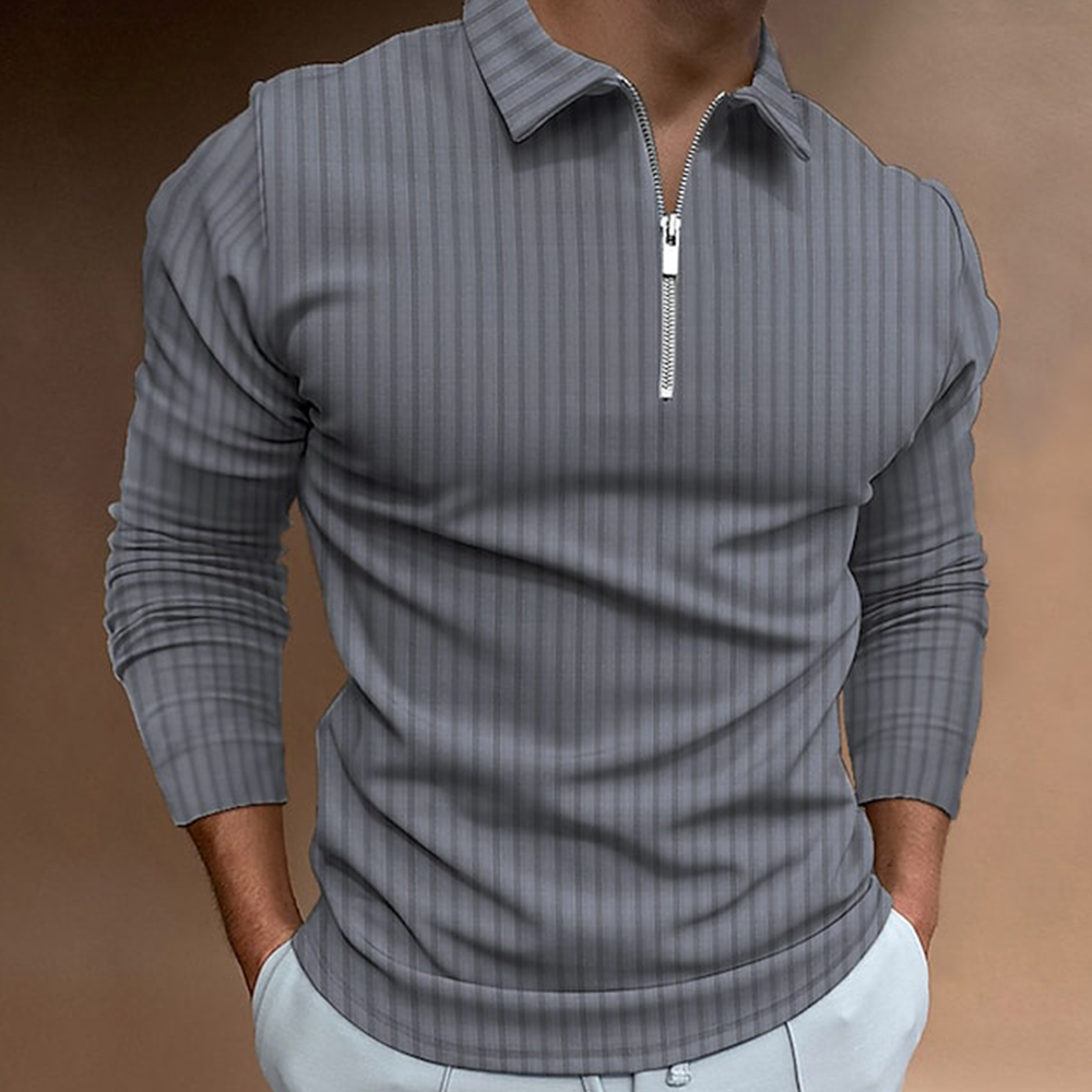 Olivoslindo Polo de manga larga a rayas vintage con cremallera de moda para hombre de primavera