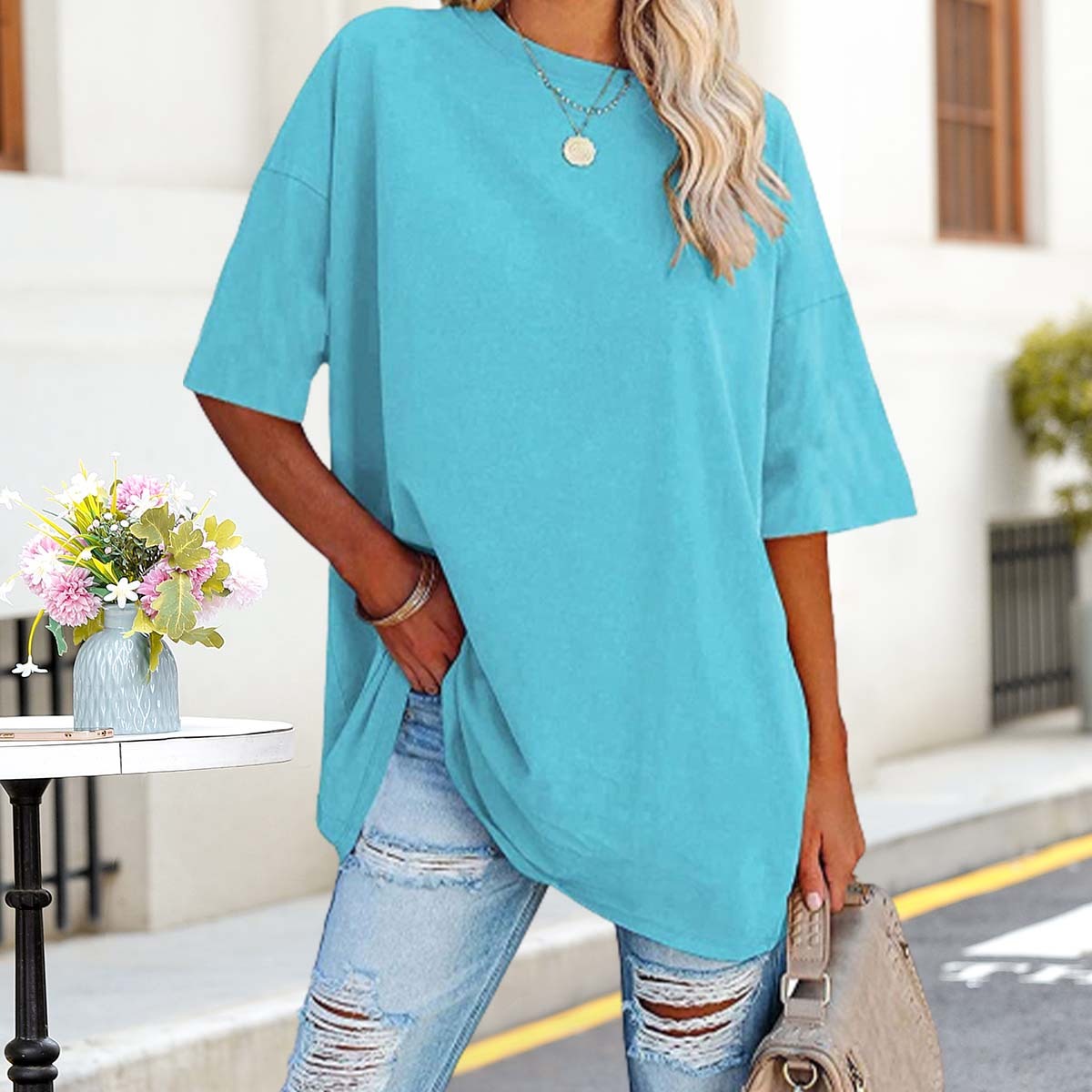 Olivoslindo Sommer Casual Damen Einfarbig Tropfen Schulter Ärmel Rundhals Lose T-Shirt