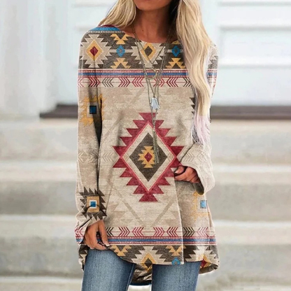 Olivoslindo Camiseta midi étnica de manga larga y cuello redondo