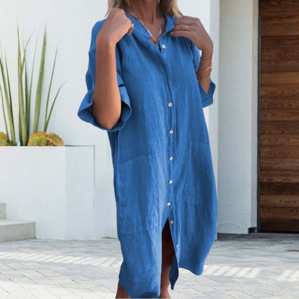 Hojanaranja Vestido camisero elegante y versátil de algodón y lino en color liso