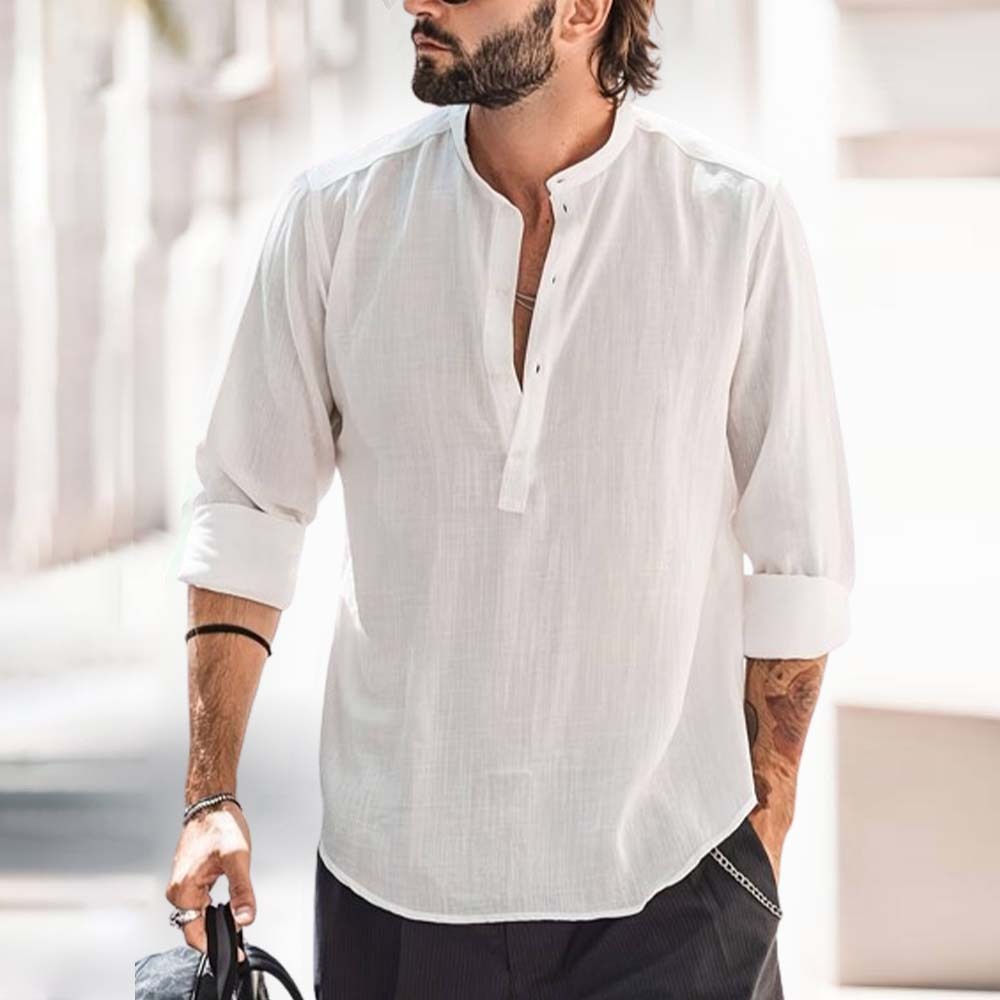 Men's Classic Cotton Half Open Collar Long Sleeve Top Henley