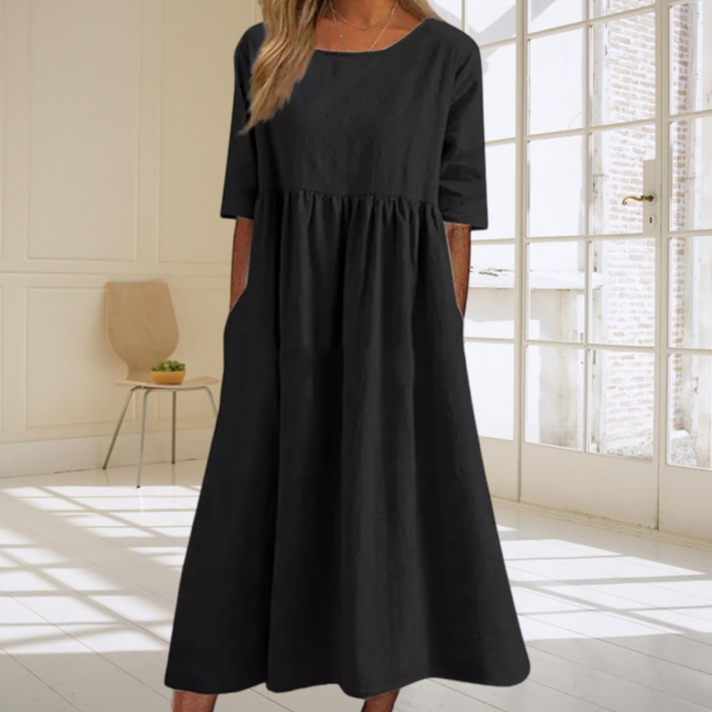 Summer new cotton and linen casual loose round neck dress