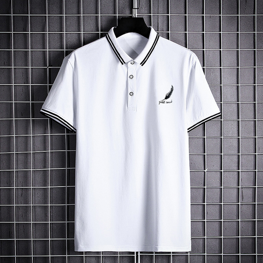 Summer Men's Feather Print Business Short Sleeve Polo Shirt