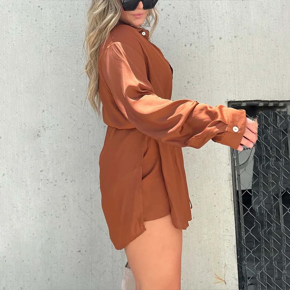 Women's Solid Color Long Sleeve Shirt Suit