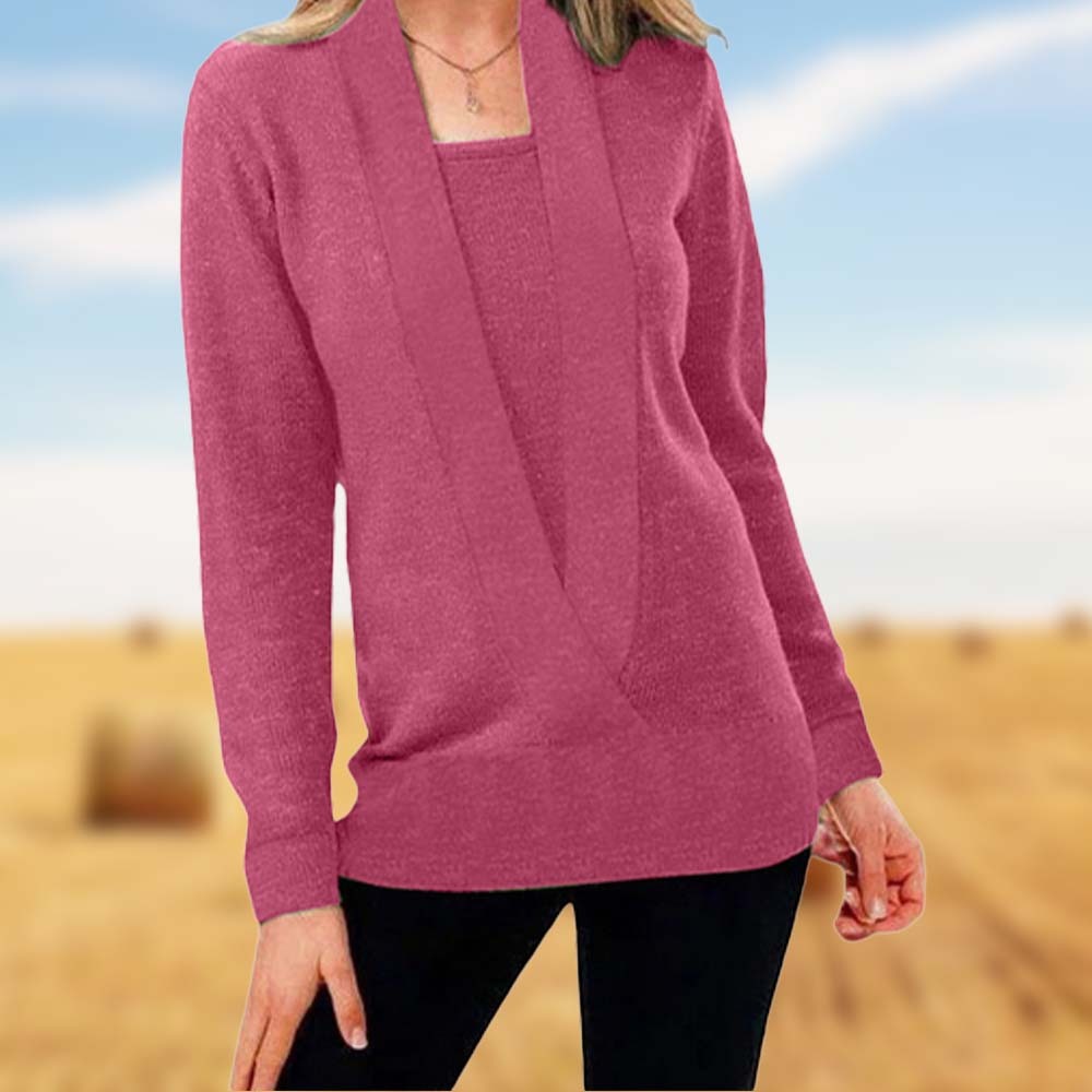 Olivoslindo Nuevo suéter de punto de dos piezas falso de manga larga con cuello en v profundo de color sólido para mujer