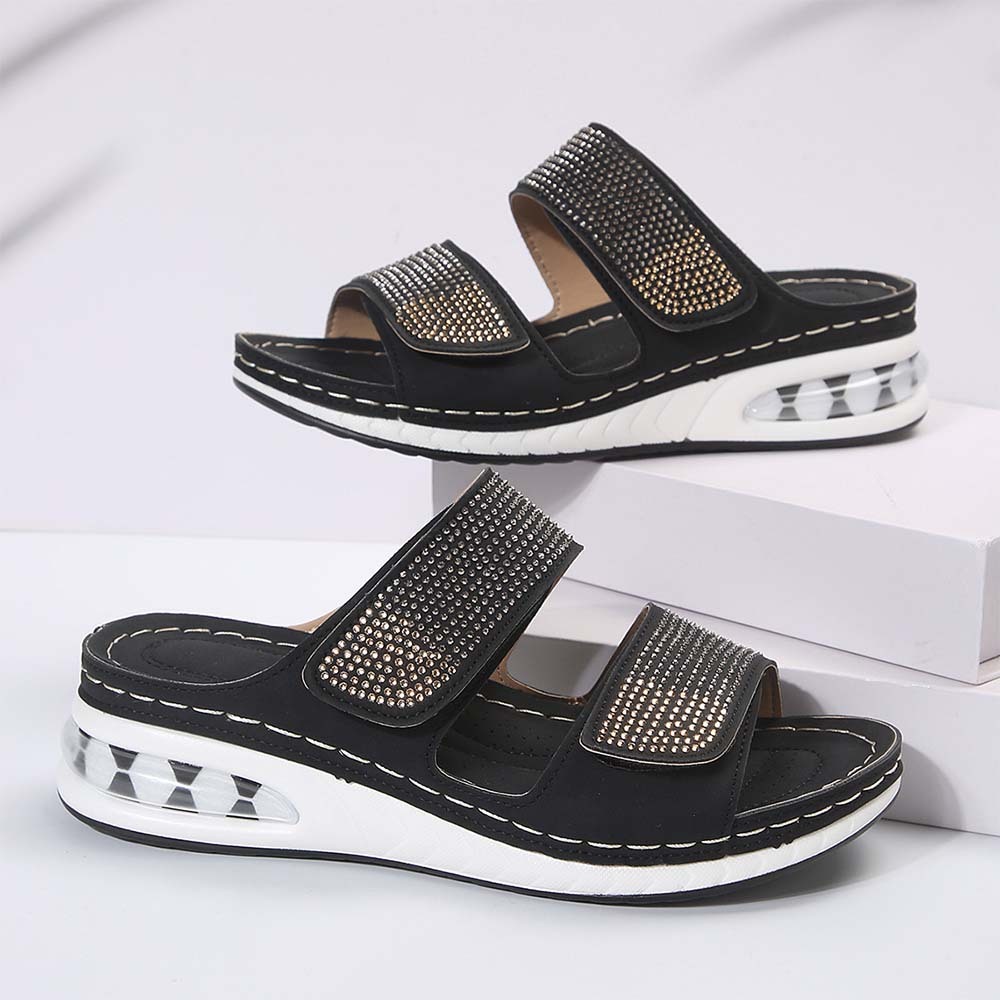 Pantuflas con plataforma y cuña con velcro y diamantes de imitación para mujer