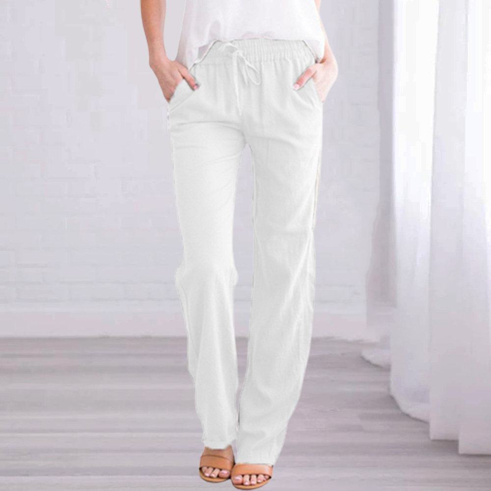 New Ladies Solid Color Cotton Linen Straight Leg Pants