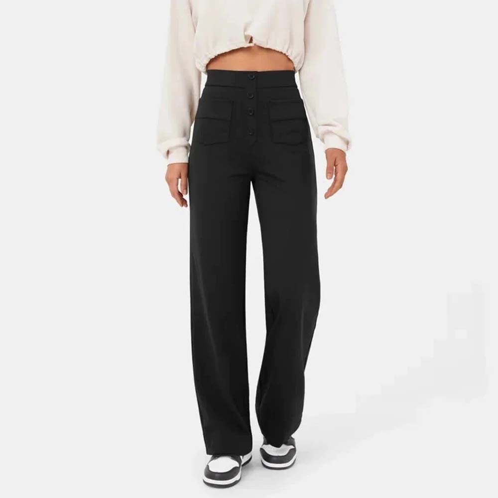 Pantalones casuales elásticos con botones de cintura alta para mujer