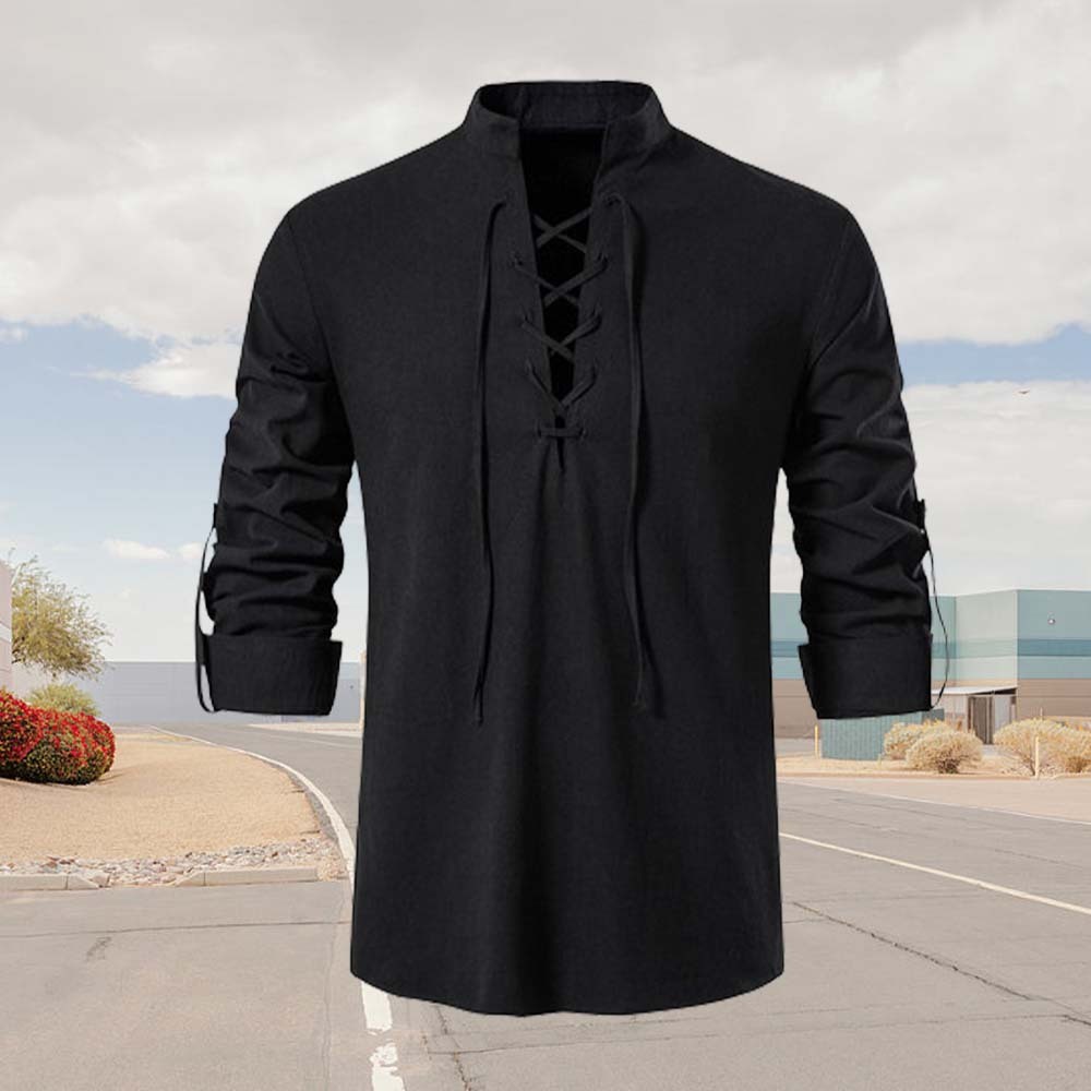 Spring Men's Cotton and Linen Stand Collar Long Sleeve Tie-Up Shirt