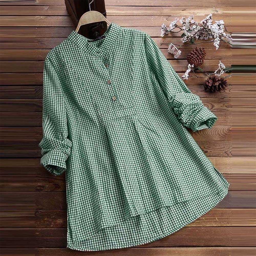 Spring women's fashionable V-neck plaid long-sleeved shirt