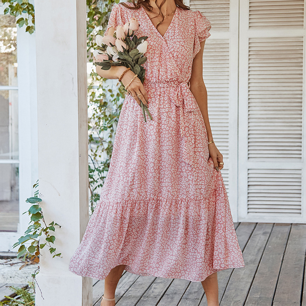 Vestido de fiesta de verano con cuello en V y estampado de gasa