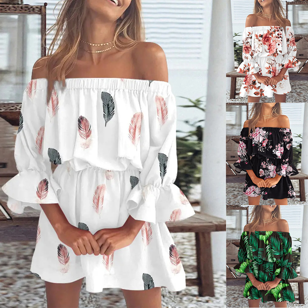 Boho print off-the-shoulder ruffle-sleeve dress