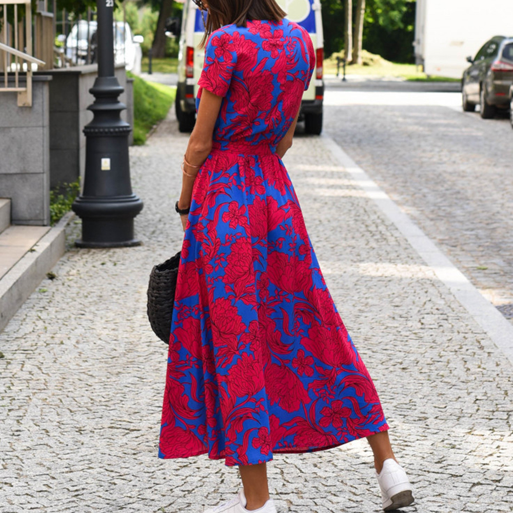 Summer bohemian style tie-front V-neck printed slit dress