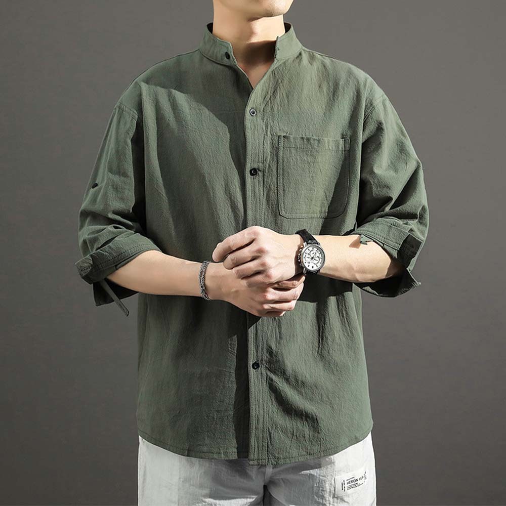2024 Men's solid color casual cotton and linen shirt