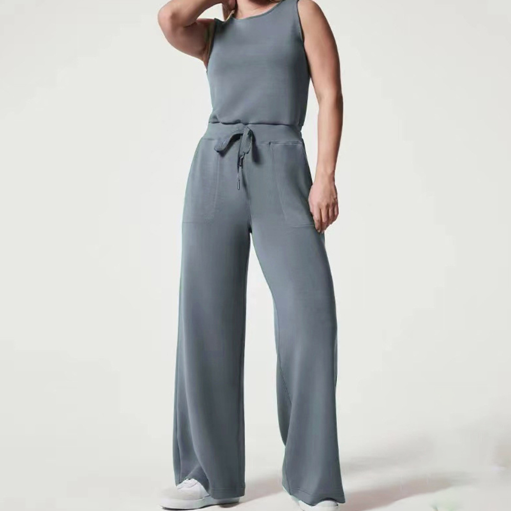 Spring and summer casual lace-up solid color sleeveless jumpsuit