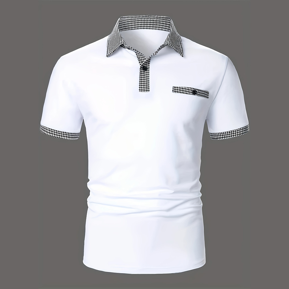 Summer Men's Houndstooth Casual Button Collar Short Sleeve Polo Shirt