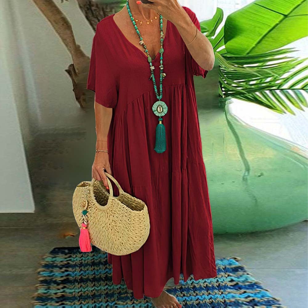 Women's breathable V-neck cotton and linen long skirt casual beach dress