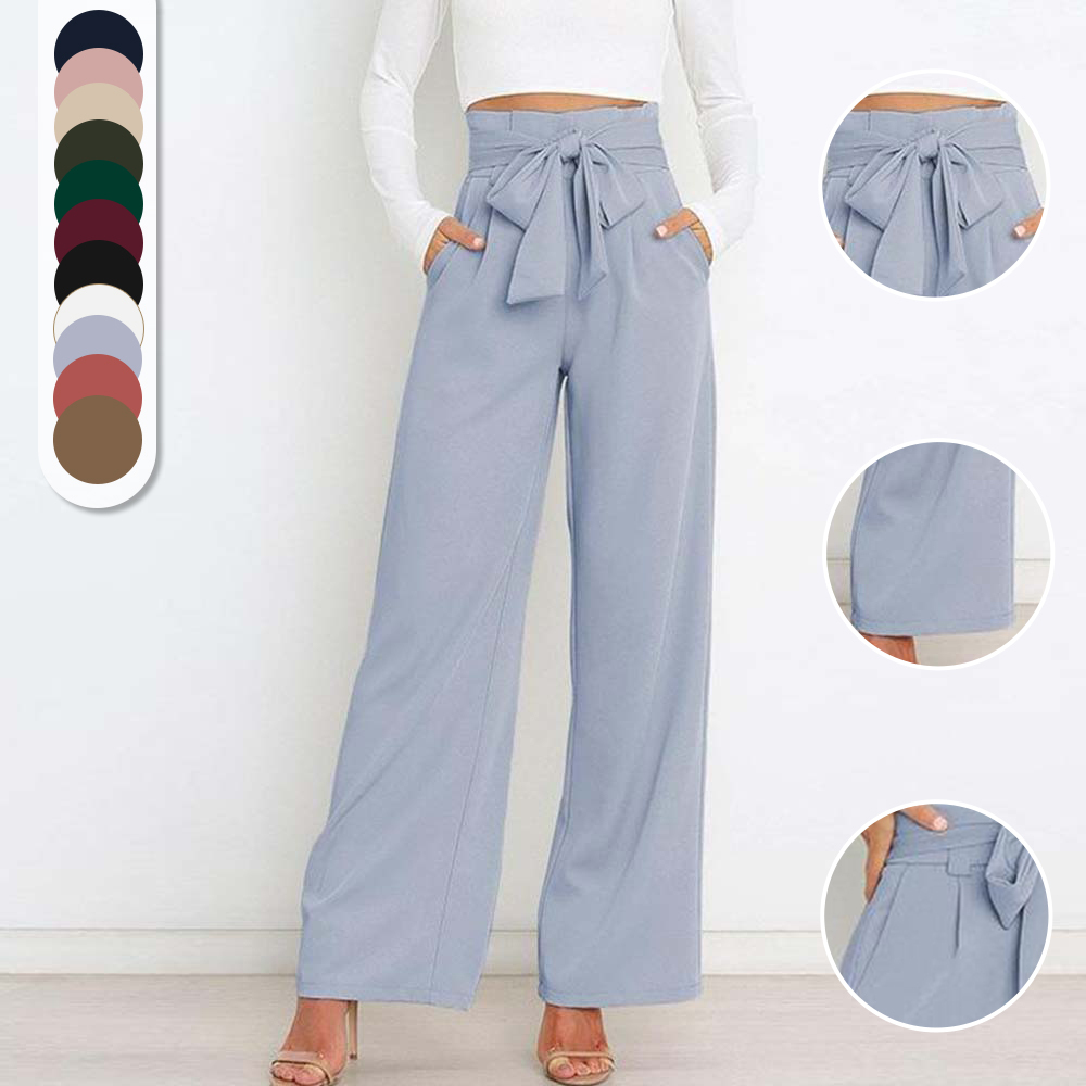 Pantalones anchos de talle alto con lazo a la moda para mujer