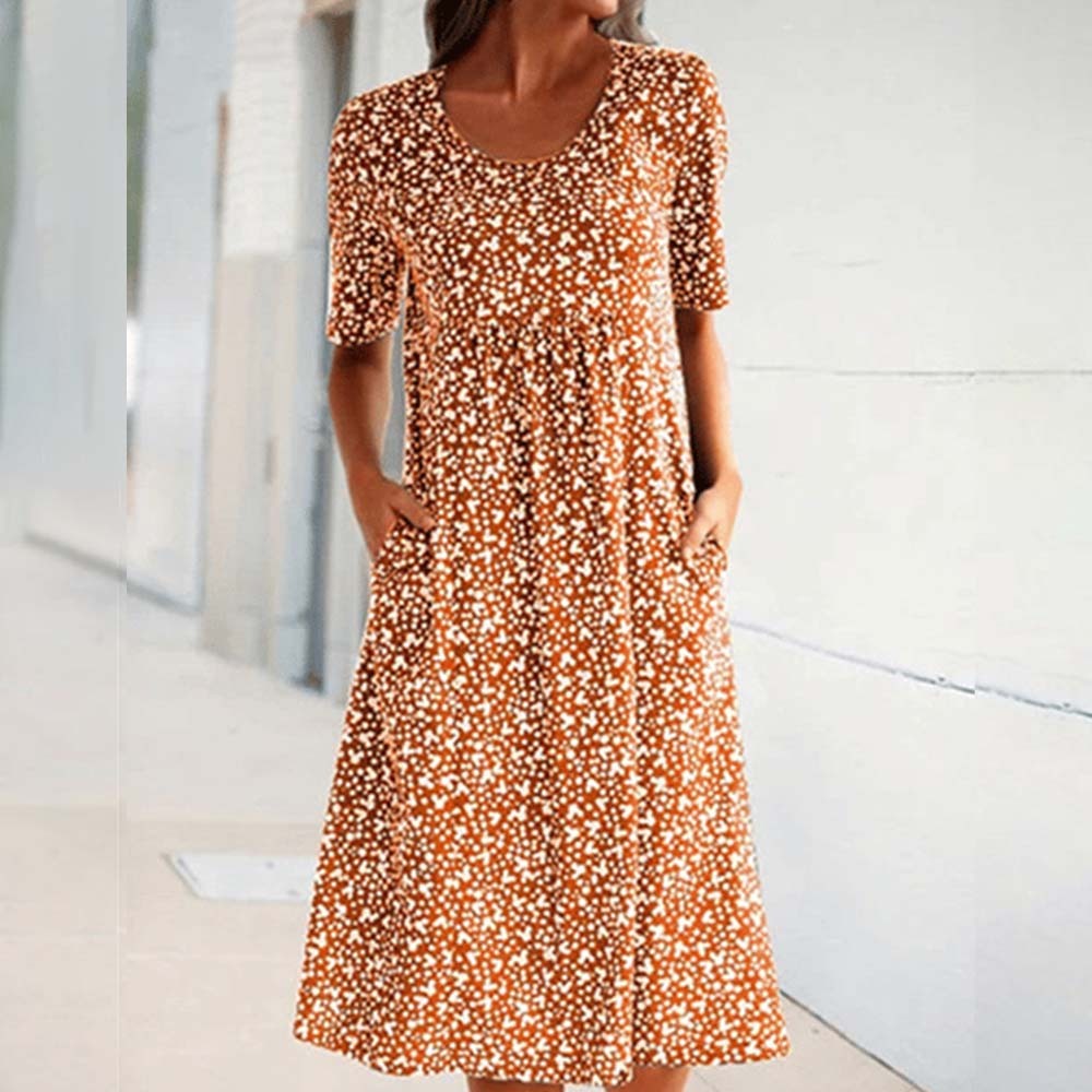 Casual Women Cotton Scoop Neck Floral Dress (8 Colors with Pockets)
