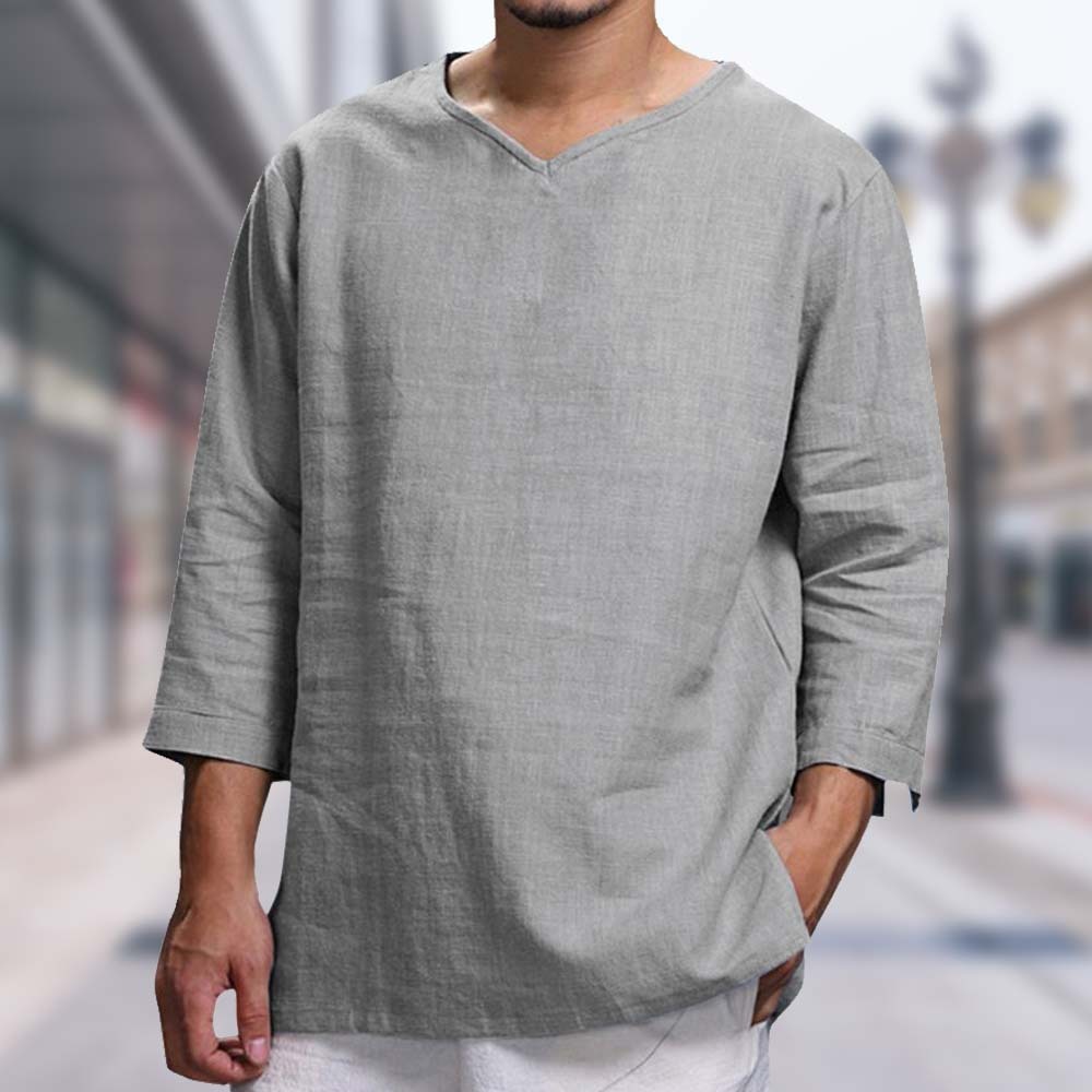 Olivoslindo Mangas largas sueltas de algodón y lino con cuello en V