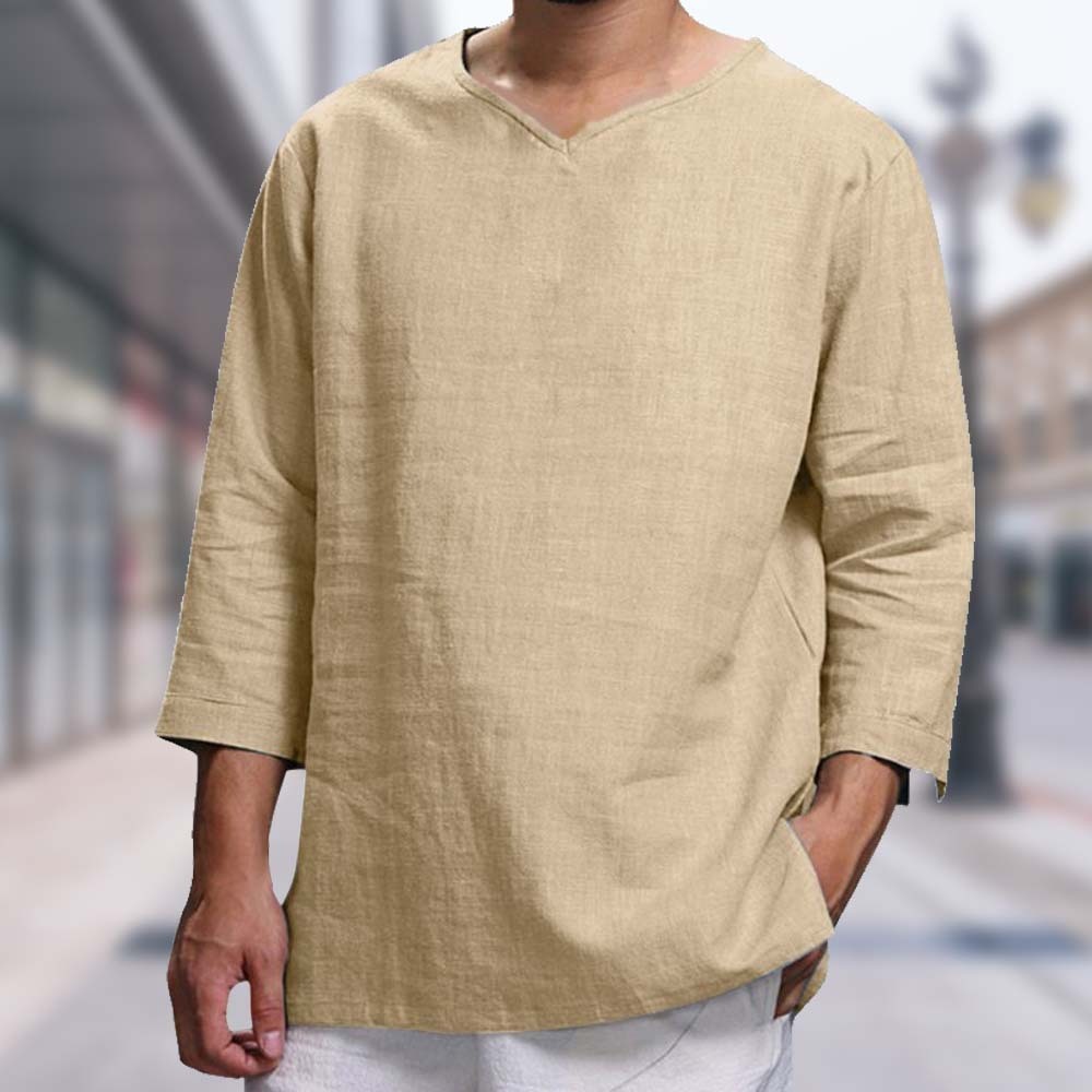 Olivoslindo Mangas largas sueltas de algodón y lino con cuello en V