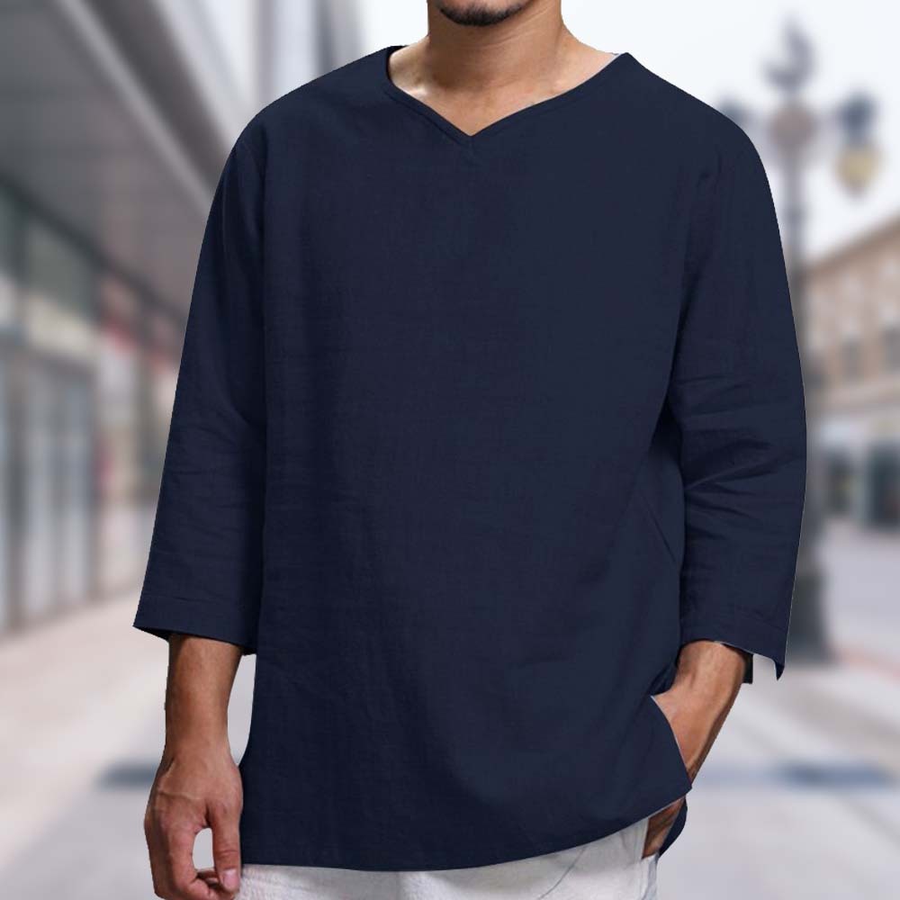 Olivoslindo Mangas largas sueltas de algodón y lino con cuello en V