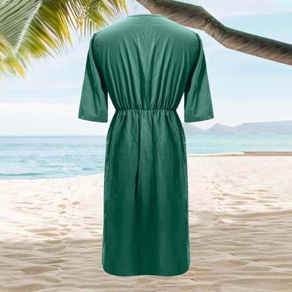 Vestido de mujer con bolsillos de algodón y lino transpirable de color liso