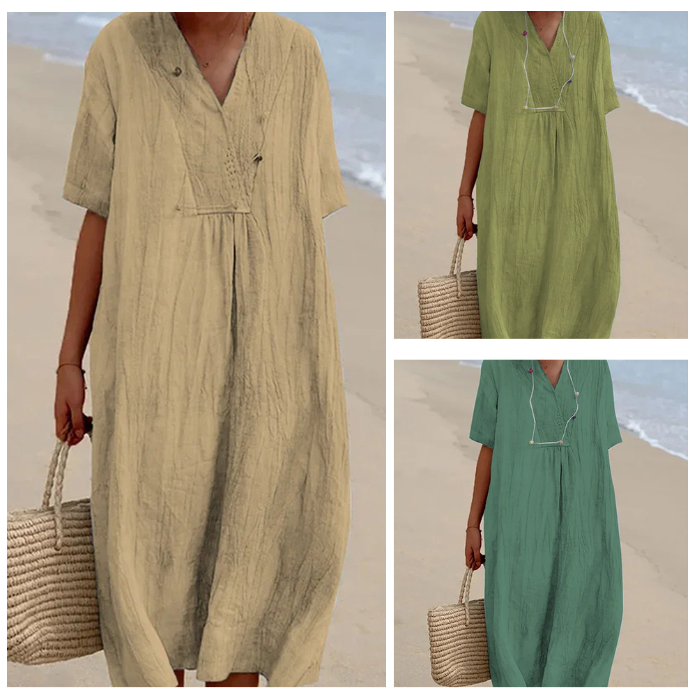 Soft and comfortable V-neck cotton and linen dress